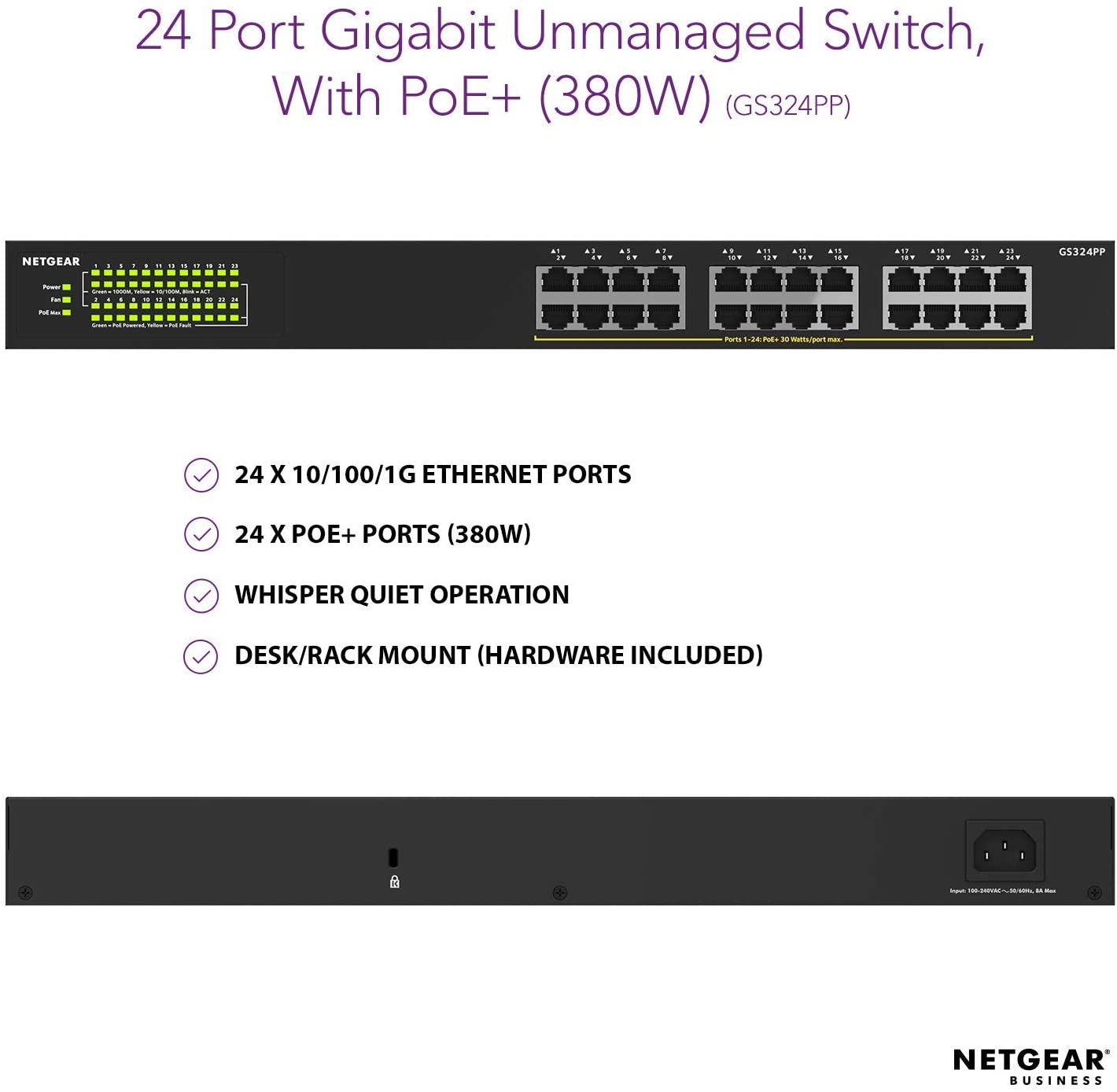 NETGEAR 24 PORT gigabit Unmanaged POE+ ETHERNET SWITCH (380W)
